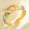 Anillo Abierto Sencillo con Flores Pequeñas de Goteo de Aceite Incrustadas de Diamantes Estilo Ins Transfronterizo Europeo y Americano Joyería de Mano Anillo de Cola Dulce Personalizado Anillo