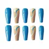Manicure Artística Popular Europeia e Americana com Curva Azul e Marrom, Unhas Vestíveis de Estilo de Moda Personalizado, 24 Peças de Adesivos de Unhas Postiças