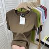 Verano 2025 Tejido de Punto Elástico Color Sólido Cuello Redondo Más Fácil de Combinar Ajustado Manga Corta Camiseta Talla Grande para Mujer Moda Occidental Top