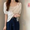 Camiseta de Manga Corta Falsa de Dos Piezas Verano Nuevo Seda de Hielo Corta Tejida Fresca Pequeña Diseño Popular Top Astuto para Mujer