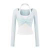 Camiseta de Manga Larga de Dos Piezas Falsas con Bloques de Color de Moda para Mujer Diseño Otoño 2025 Cuello Halter Ajustada Base Top Corto