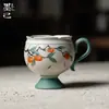 Taza de Té con Asa de Oreja de Tambor de Flores Naranja Gato Suerte Naranja Persimón Pintada a Mano Ji Flint Rojo Juego de Té Kung Fu Taza de Degustación de Té con Boca de Flor para el Hogar Taza Individual