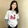 Camiseta de manga larga de algodón puro con retazos a rayas para niñas, versátil, para primavera y otoño, para niños mayores, estilo coreano, corte holgado, efecto dos piezas, moderna