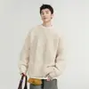 Suéter de punto trenzado de color liso con patrón de rombos y cuello redondo para hombre, engrosado para otoño e invierno, corte holgado, estilo retro y casual, cálido top de punto