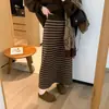 Falda Larga Recta de Punto con Rayas Retro para Mujer 2025 Otoño e Invierno Nuevo Estilo Cintura Alta Efecto Adelgazante Elegante Cintura Elástica