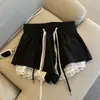 Calças Pretas de Cintura Elástica com Cordão e Perna Larga para Mulheres, Shorts de Verão com Renda em Patchwork de Cintura Alta em Linha A para Figuras Baixas, Calças Casuais