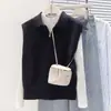 Colete de Tricô Polo com Meio Zíper Algodão Casulo para Mulheres no Outono e Inverno Novo Design Retro Redutor de Idade Artefato Versátil para Camadas