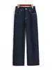 Um Item Essencial~ Calça Jeans Reta Forrada com Lã Azul Marinho para Mulheres, Calça de Perna Larga da Moda para Outono e Inverno 252