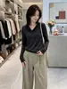 Camiseta de manga larga estilo americano, corte regular, con botones para mujer, nuevo diseño de otoño, estiliza y es versátil, perfecta como capa base o como top, A14236
