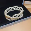 Pulseira de Rede Azul Dourada com Flor de Vidro Pérola Zircônia Brilhante Pulseira Elegante de Luxo Leve Joia de Mão Versátil da Moda