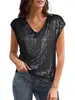 Camiseta de fiesta sexy con escote en V y lentejuelas brillantes perladas para mujer, estilo transfronterizo europeo y americano, de verano, nueva, de Amazon