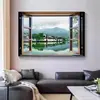 Pintura decorativa de janela falsa para expandir o espaço do porão, vista de janela com paisagem para restaurante de hotel, pintura de parede para janela de banheiro