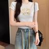 Novo estilo chinês crewneck manga curta camiseta feminina verão novo slim-fit curto doce tempero menina inferior superior