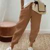 Pantalones Acampanados de Algodón y Lino Elástico de Cintura Alta con Bolsillos Sueltos Cortos para Mujer - Ropa Transfronteriza Europea y Americana de Amazon