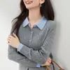 Blusa Feminina Gola Polo Falsa Duas Peças Emagrecedora Versátil Casual para o Dia a Dia Cardigan Botões Canelados Tricô