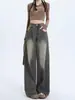 Calça feminina longa de primavera, nova moda, cintura alta, solta, casual, reta, perna larga, jeans vintage desgastado, comprimento do chão, moderna