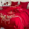 Juego de Cama de Boda de Cuatro Piezas, Algodón Puro de Boda, Sábana de Cama Rojo Brillante para Recién Casados, Funda de Edredón, Ropa de Cama de Boda