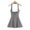 Saia de Bico Largo com Alça Halter Estilo Spice Girl Europeia e Americana Cintura Apertada Cintura Alta Saia Evasê com Vários Botões Cor Sólida Elástica Slim