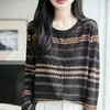 Cárdigan de Punto Jacquard a Rayas de Contraste Color Cuello Redondo Estilo Fair Isle Retro para Mujer, Suéter Base Holgado Adelgazante Abrigo Top