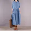 Vestido Jeans Novo Estilo Outono 2026 Manga Longa Solto Gola Camisa Patchwork Desgastado Pregueado Flare