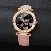 Relojes de Moda de Cuero para Mujer Esfera de Mariposa con Pedrería Reloj de Cuarzo Pulseras de Muñeca Mujeres