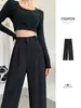Pantalones de traje finos de verano para mujer en color negro con un toque de alta gama, pantalones de trabajo formales rectos de caída fluida, pantalones anchos casuales