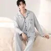 Pijama atacado de manga longa e calça longa para mulheres, novo tecido de algodão stretch de outono, cardigã masculino com gola de lapela, roupa para casa para casais