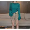 Nuevo top de punto elegante versátil de corte ajustado en azul, talla única, morado, rosa, de la fábrica original con etiquetas