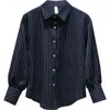 Diseño de Camisa a Rayas para Mujer de Otoño, Estilo Retro Hong Kong Ropa Profesional Cuello Polo Manga Tres Cuartos Camisa Cardigan
