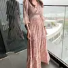 Chique coreano romântico francês afina a cintura elegante francês decote V floral vintage chiffon vestido longo