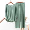 Primavera e Outono Novo Cor Sólida Simples Tamanho Grande Terno Peça Algodão Gola V Manga Morcego Cintura Elástica Calça de Perna Larga Roupa de Casa