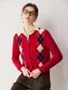 ¡Protagonista femenina gentil y elegante! Cárdigan de cachemira con patrón de rombos en color contrastante jacquard para mujer, suéter retro suave y esponjoso, simple y casual