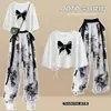 Traje de Verano para Chicas Estudiantes de Secundaria Femeninas Verano Coreano Diseño Holgado Manga Corta Seda de Hielo Pantalones de Pierna Ancha Dos Piezas