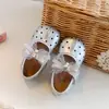 Zapatos para niña de encaje con lunares y lazo, estilo nuevo de otoño, zapatos de princesa para niños pequeños, elegantes zapatos de baile para bebé