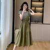 Vestido holgado de talla grande para mujer de imitación de dos piezas a rayas para verano, figura en forma de pera, que disimula la barriga, vestido adelgazante de línea A