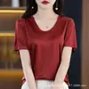 Camiseta de satén de acetato brillante y sedoso de manga corta para mujer, camiseta básica de alta gama con cuello bajo, top liso de color sólido para el trabajo