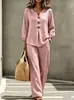 Conjunto de Dos Piezas para Mujer Nuevo Casual Transfronterizo Europeo y Americano: Top de Manga Larga con Botones, Cuello en V y Estilo Linterna y Pantalones