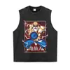 Camiseta com estampa de quadrinhos clássica, estilo high-street, acabamento lavado e desgastado, corte solto oversized, versátil de anime com manga curta, transfronteiriço