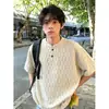 Camisa de Verano 2026 para Hombre con Cuello Henry, Cuadros Beige, Manga Corta, Estilo Americano Nuevo, Holgada, Media Manga, Moderna para Jóvenes