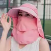Chapéu de Sol Removível para Mulheres Verão Estilo Coreano Chapéu de Topo Vazio Aba Larga Anti-UV Chapéu de Sol para Ciclismo Chapéu com Máscara Facial