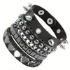 Pulsera de Cuero Negro con Calavera Punk y Remaches de Estrella Decorativos, Diseño de Cadena, Pulsera Ajustable para Hombres y Mujeres
