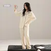 2026 Novo Pijama para Mulheres Primavera e Outono Algodão Puro Manga Longa Conjunto Azul Pode Ser Usado Fora Solto Casual Roupas de Casa 100% Algodão