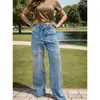 Jeans Europeos y Americanos de Mujer Hme Transfronterizos con Bolsillos, Pierna Ancha, Cintura Elástica, Cordón, Pantalones Rectos de Moda High Street, Exportación
