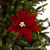 Venta al mayoreo del fabricante: tela de terciopelo, centros de flor de perla, arreglos de flores de pétalos multicapa, nochebuenas artificiales de Navidad