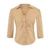 Camisa luxuosa e elegante de cetim com gola e acinturada, novo modelo outono 2026, top de manga comprida emagrecedor com decote U para mulheres