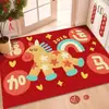 Tapete de Entrada, Ano do Cavalo Vermelho Festivo Estilo Desenho Animado Veludo Cristal Tapete de Chão, Resistente à Sujeira, Remove Poeira, Antiderrapante, Tapete de Porta Doméstico