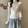 Camiseta con Botones en el Hombro y Cuello Cuadrado Lijado para Mujer Estilo Puro Deseo Otoño e Invierno Ajustada Camiseta Base Interior Estilo Coreano