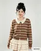 Cárdigan de punto de ganchillo hueco a rayas de estilo coreano popular de manga larga para otoño con cuello vuelto para mujer, top holgado