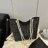 Bolsa de Ombro de Corda de Tecido de Nylon Xadrez Simples e Moderna de Verão de Grande Capacidade Estilo Coreano para Mulheres
