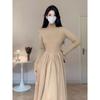 Vestido tipo suéter de punto de alta calidad para mujer, de color liso, a la moda, para otoño e invierno, con cuello medio alto, cintura plisada, falda amplia y oscilante, corte A.